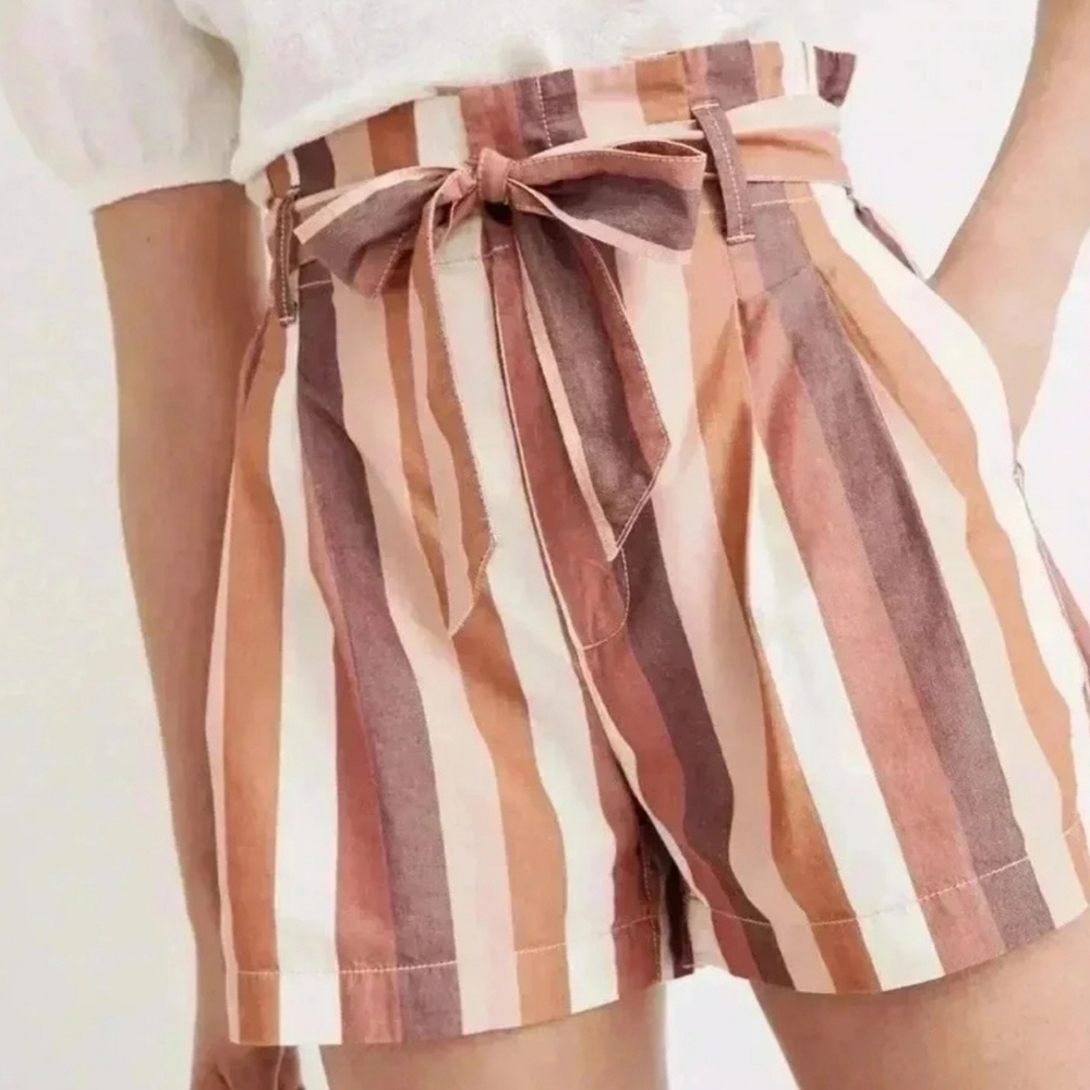Madewell Blush tan Ivory viscose cotton linen striped paper bag waist shorts 4
